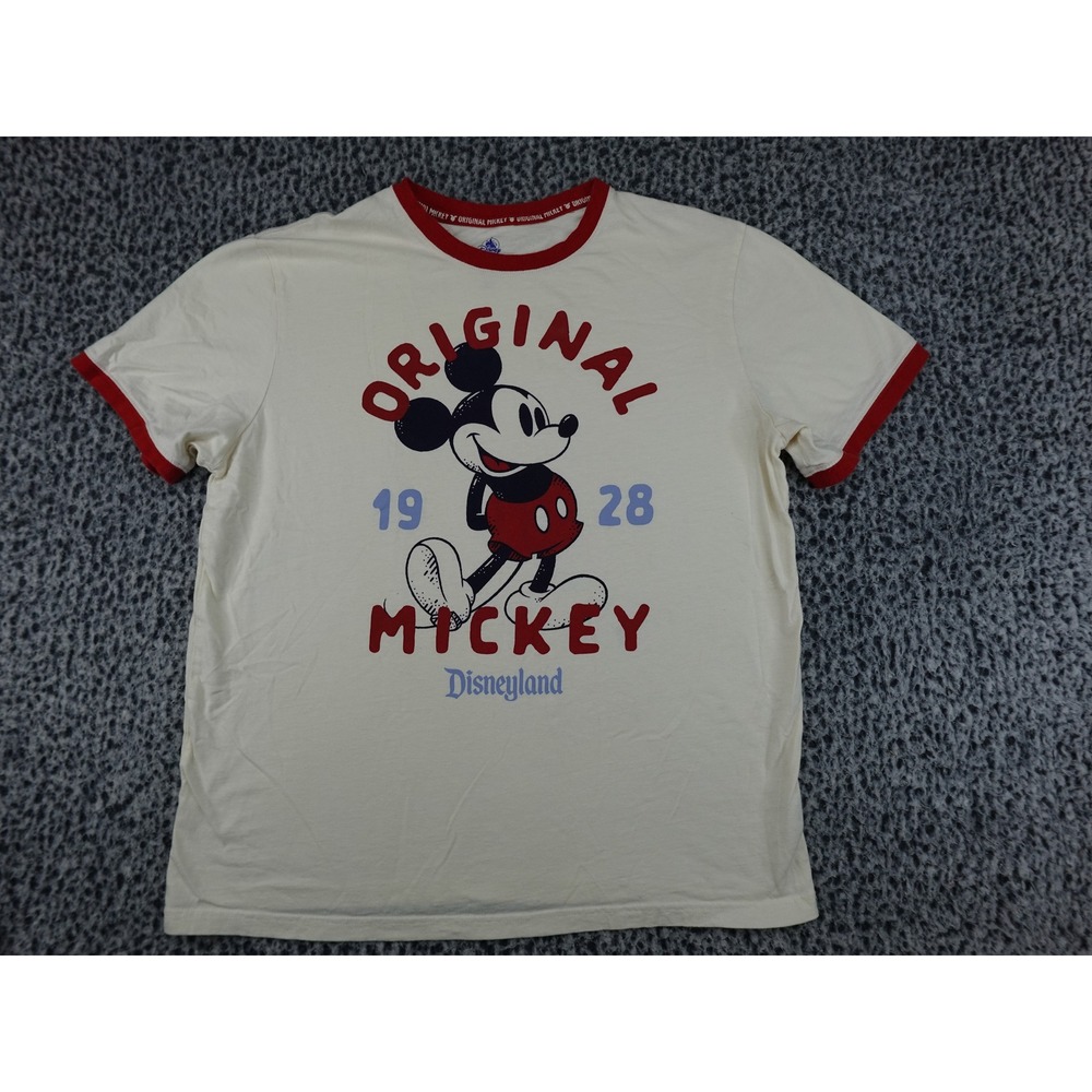 Disney Ringer T-Shirt Mens Large Cream Red Mickey Mouse Disneyland